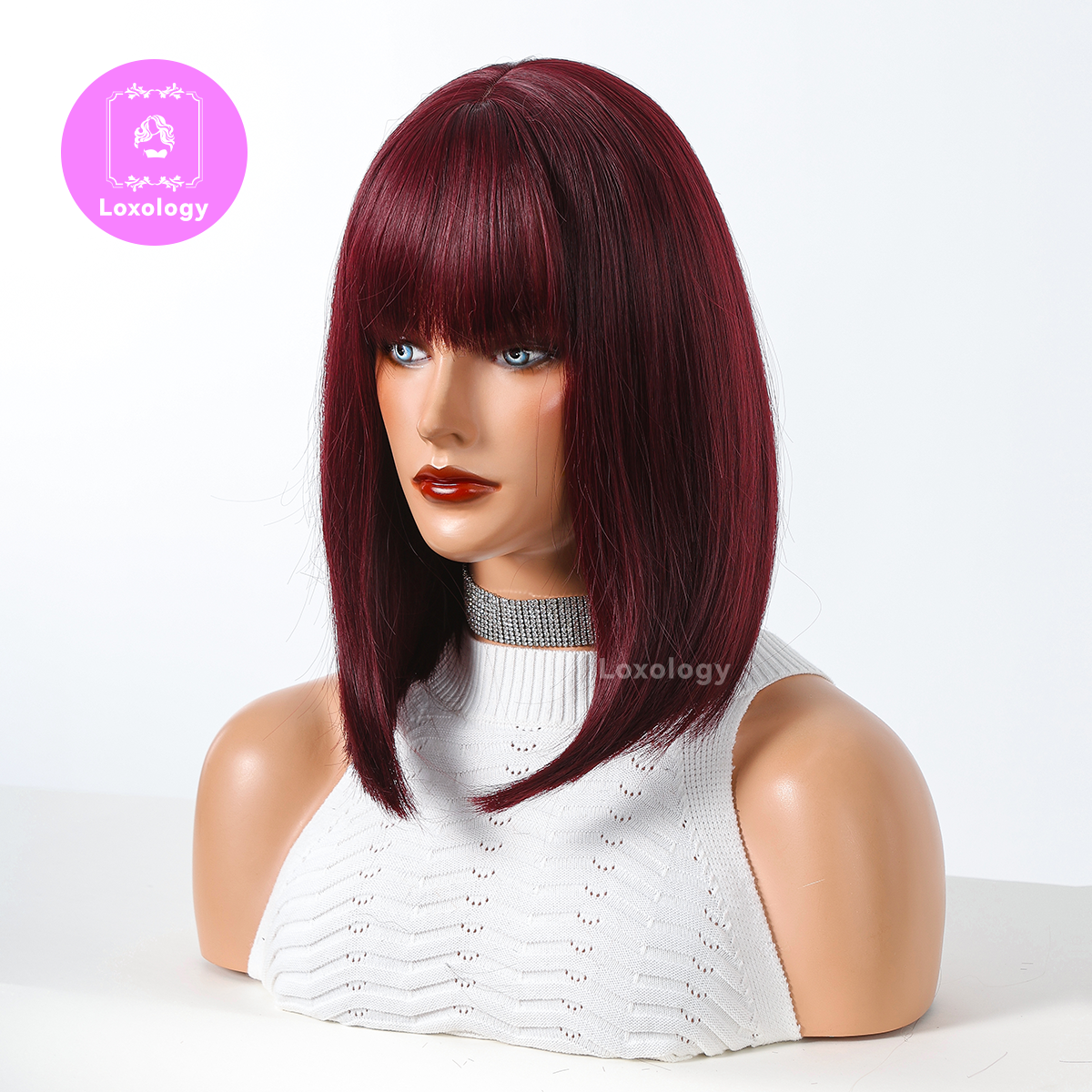 【Taylor】Loxology | 14 Inches Long Straight Wine Red Wigs Bangs Synthetic Wigs