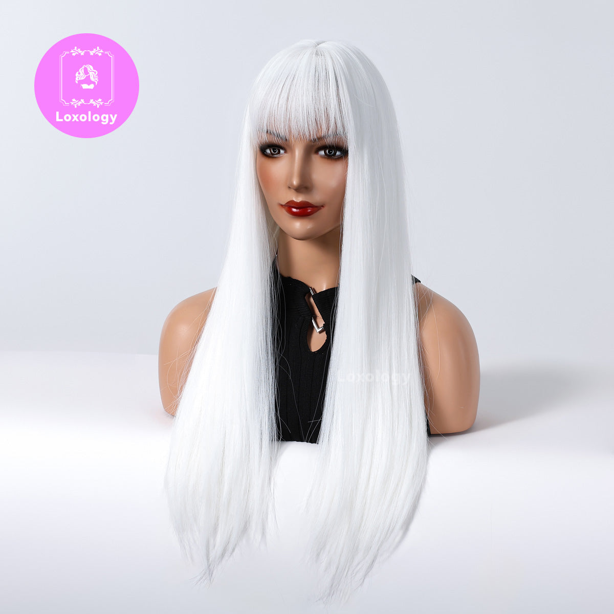 【Gemma】Loxology | 26 Inch Long Straight White Wigs with Bangs Synthetic Women Wig