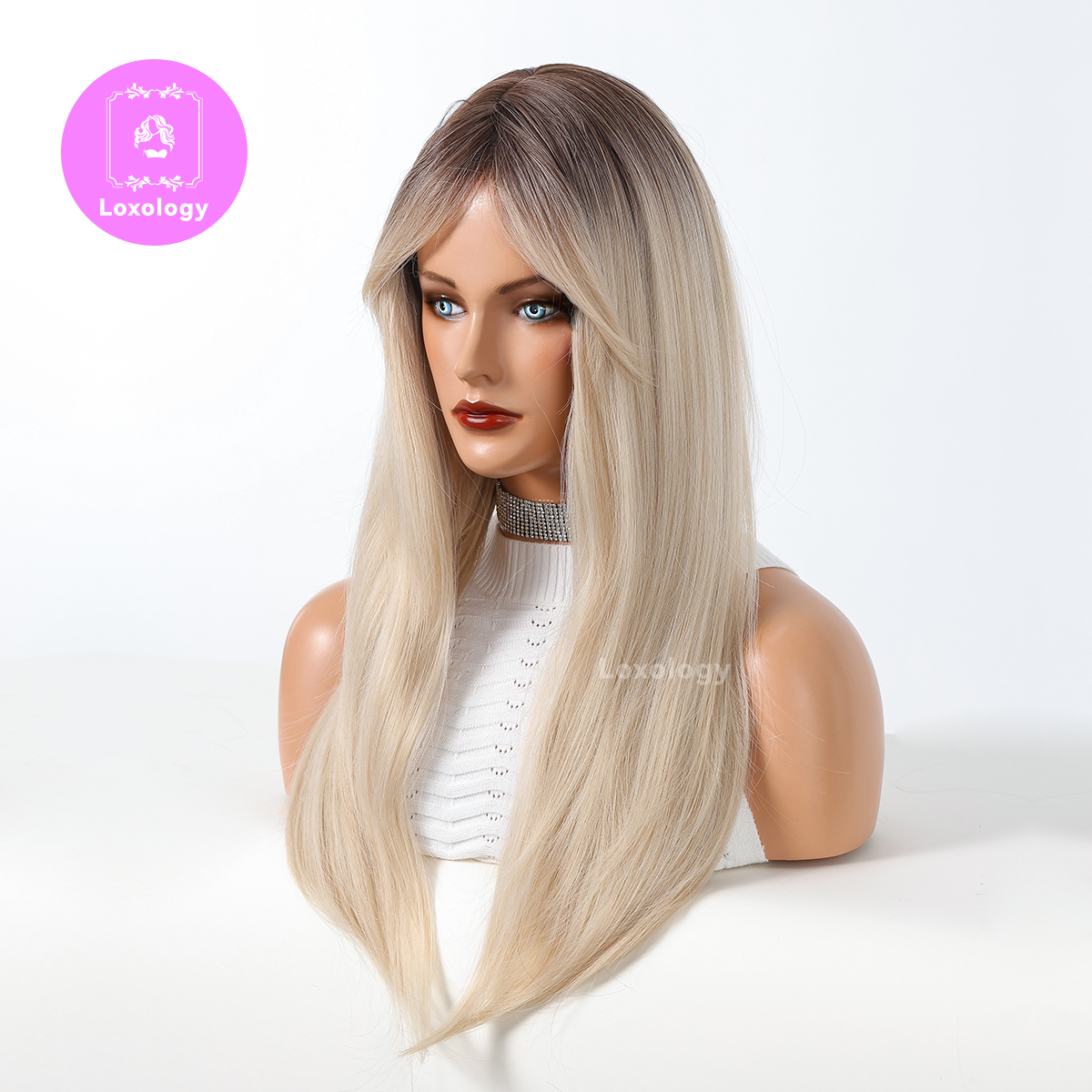 【Ella】Loxology | Long straight wigs black ombre white blonde with bangs wigs