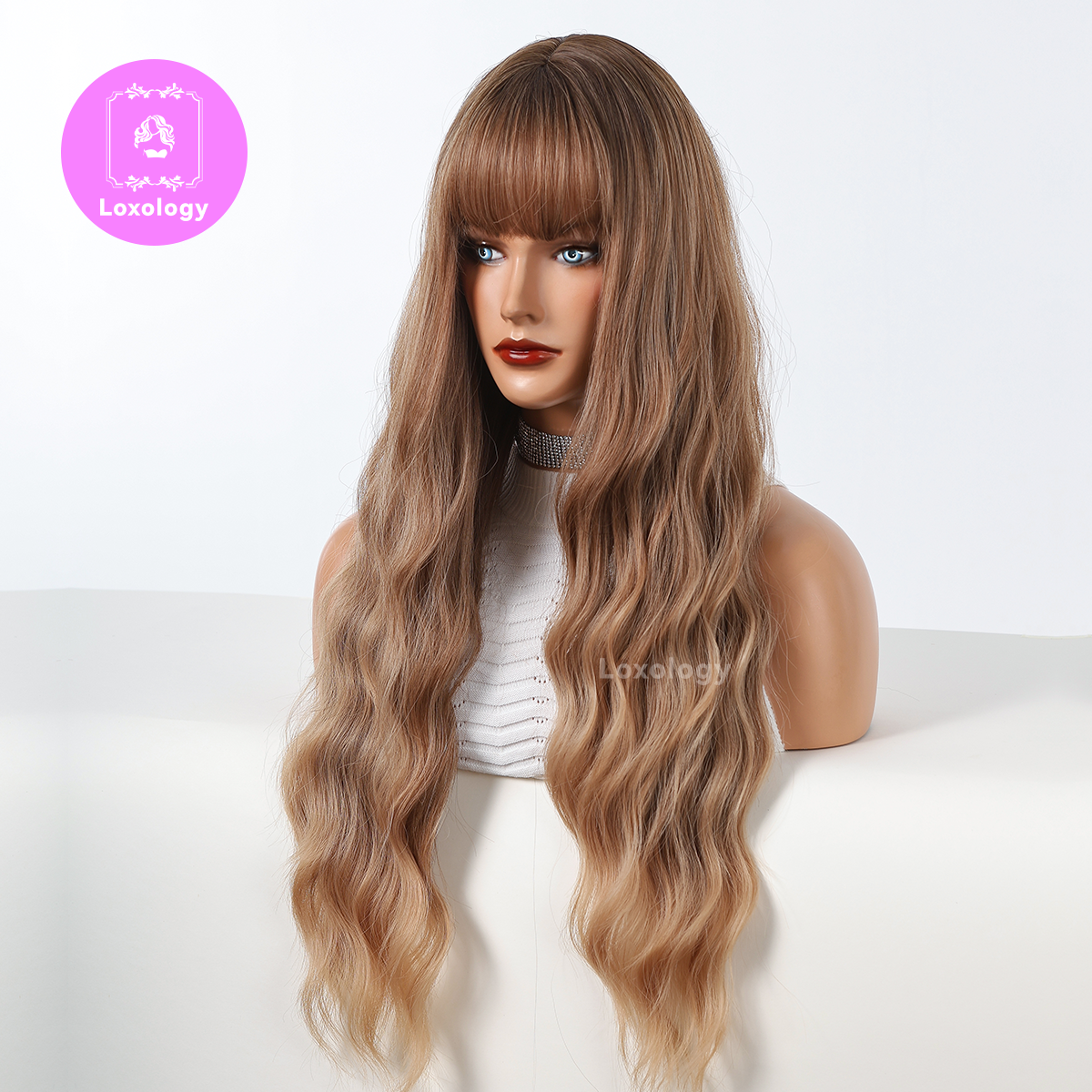 【Layla】Loxology | 30 Inch Long Curly Brown Ombre Blonde Wigs with Bangs Synthetic Wigs