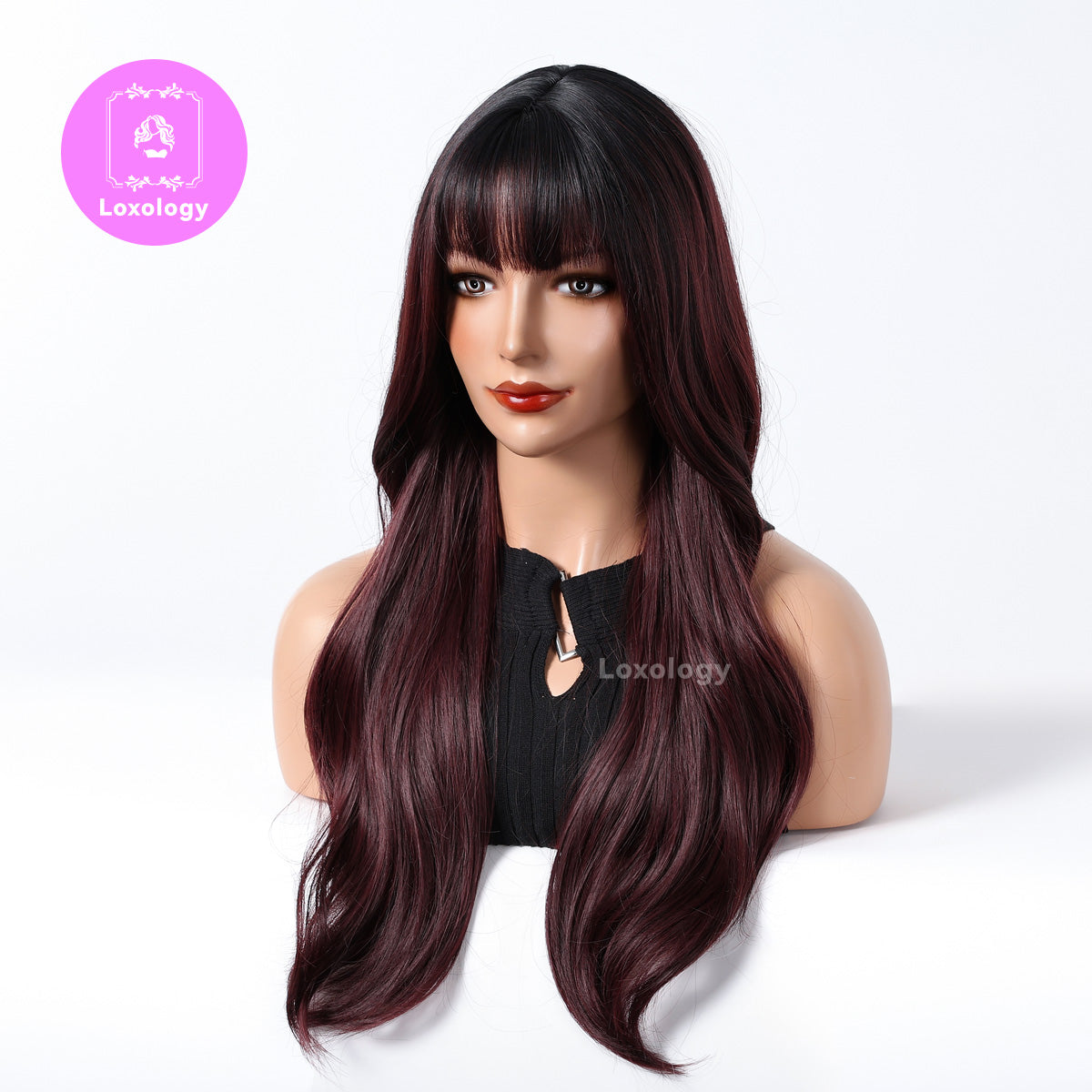 【Indira】Loxology | 26 Inches Long Curly Wine Red Wigs with Bangs Synthetic Wigs Womenn