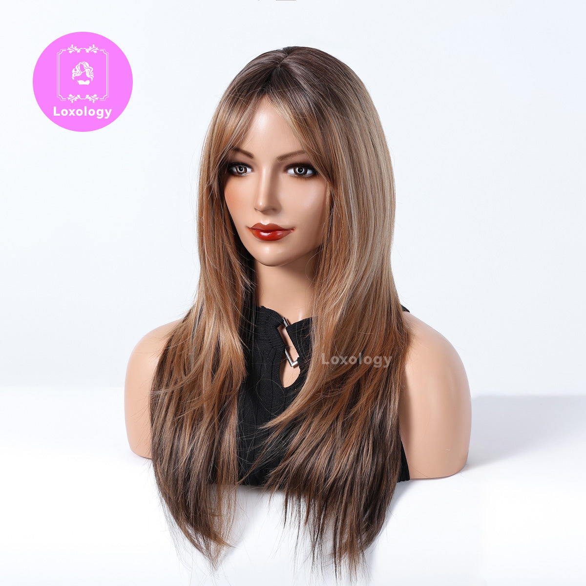 【Clementine】Loxology | 22 Inch Straight Brown Ombre Black Layered Synthetic Wigs