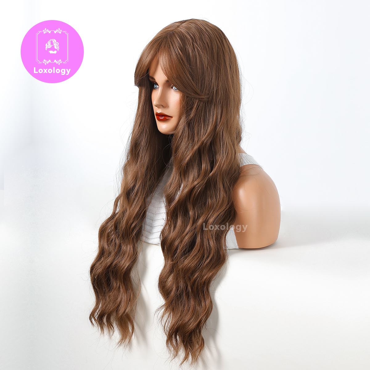 【Luna】Loxology | 28 Inch long curly Wigs brown with bangs wigs