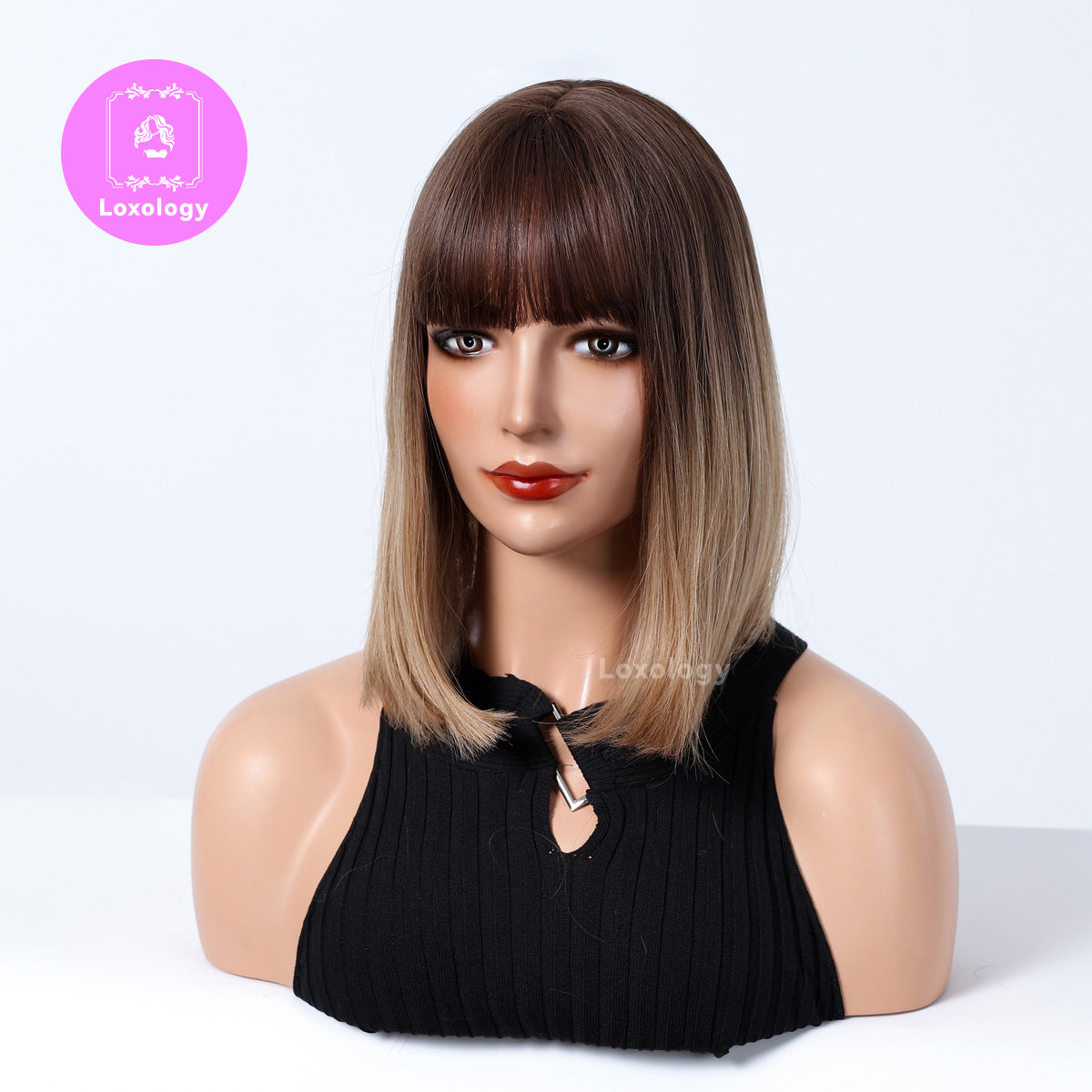 【Noelle】Loxology | Ombre Wigs 12 Inches Long Blonde Wigs with Black Roots Synthetic Wigs