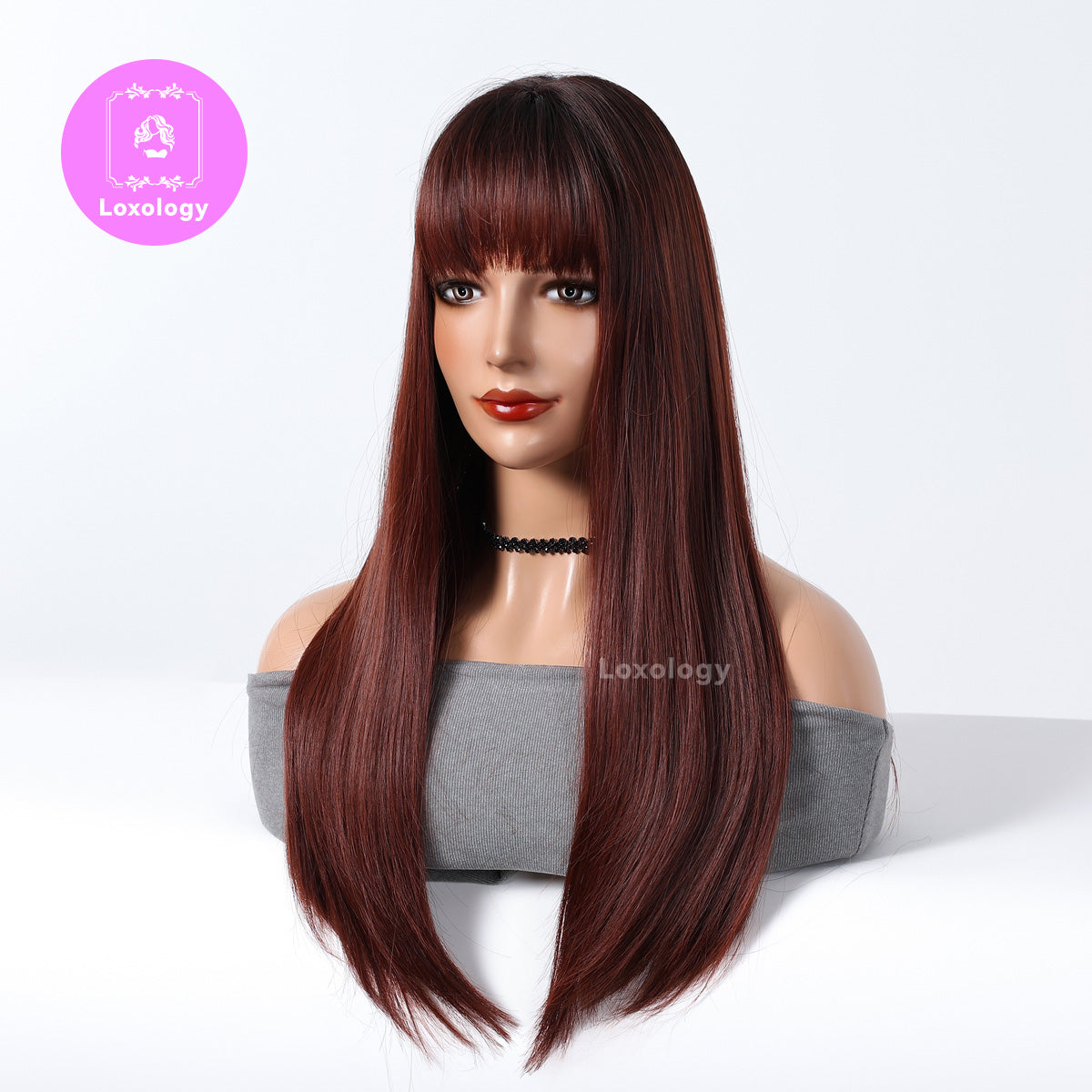 【Morwenna】Loxology | 28 inch Long straight wigs black ombre wine red Wigs with bangs wigs