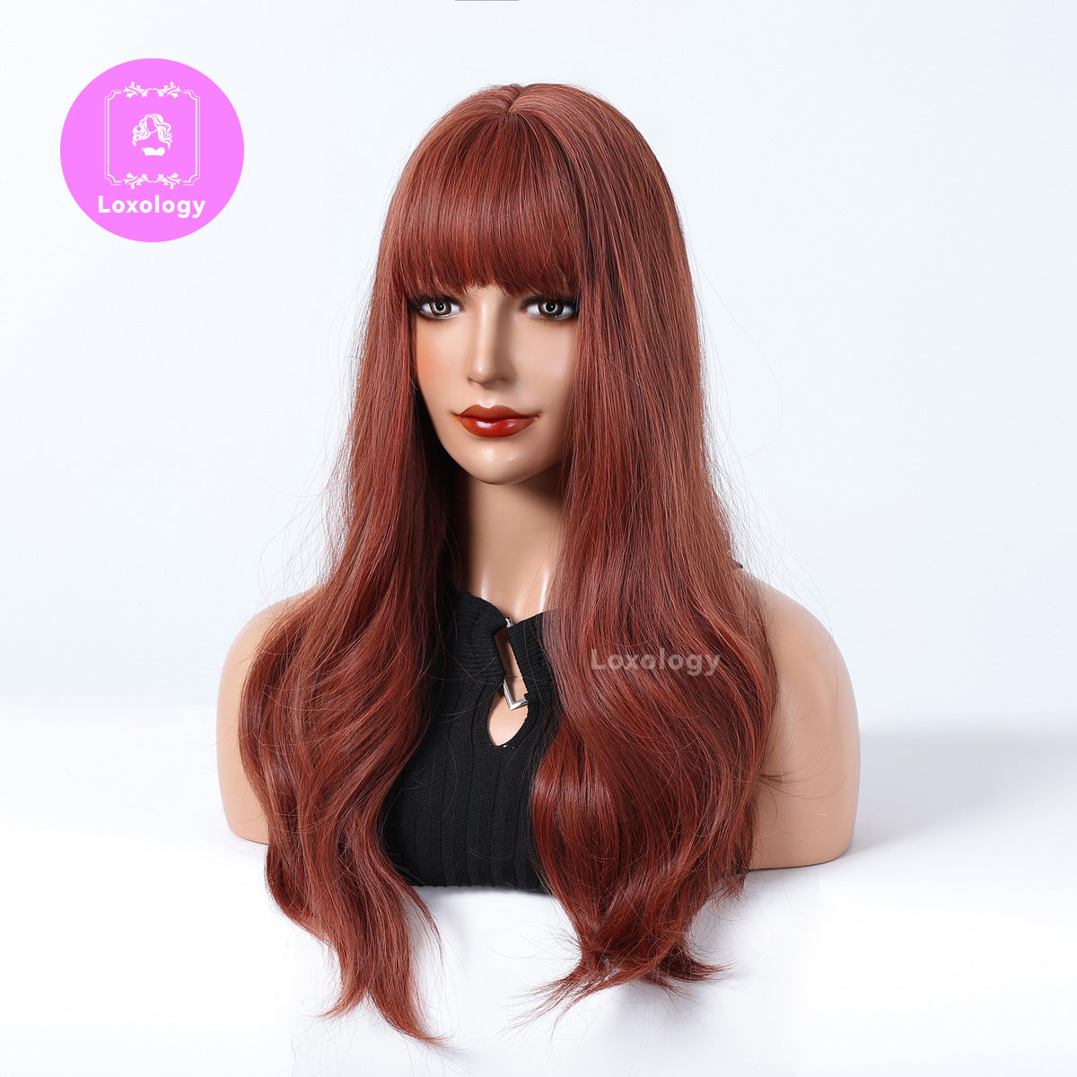 【Kenna】Loxology | 24 Inches Long Curly Wine Red Wigs with Bangs Synthetic Wigs