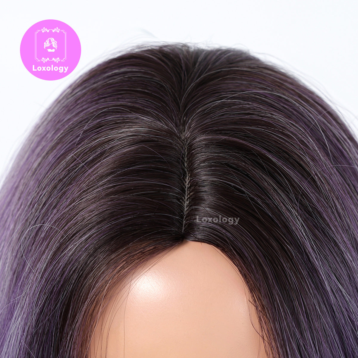 【Junia】Loxology | Long curly wigs purple ombre grey with middle bangs wigs for women