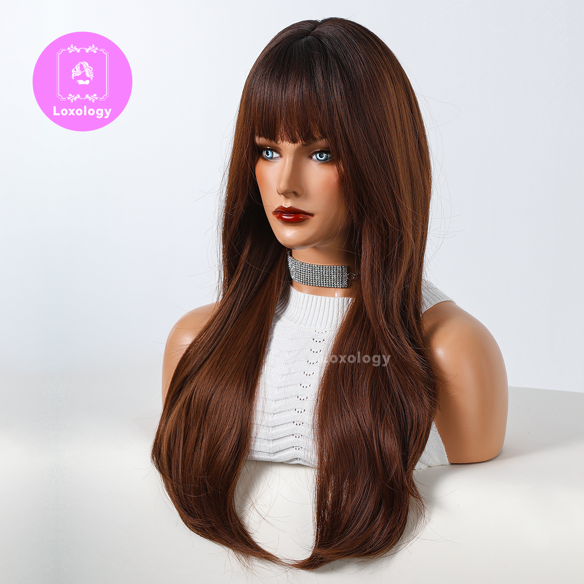 【Brielle】Loxology | 24 Inches Long Curly Brown Wigs with Bangs Synthetic Wigs