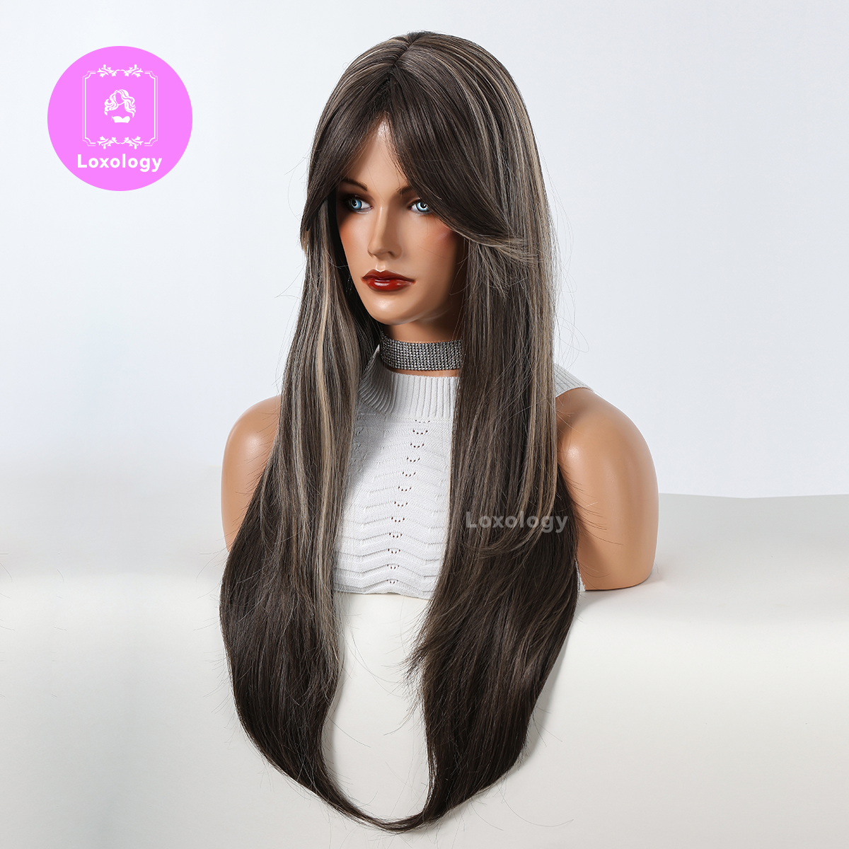 【Elena】Loxology | 24 Inches Long Straight Brown Wigs with Bangs Synthetic Wigs