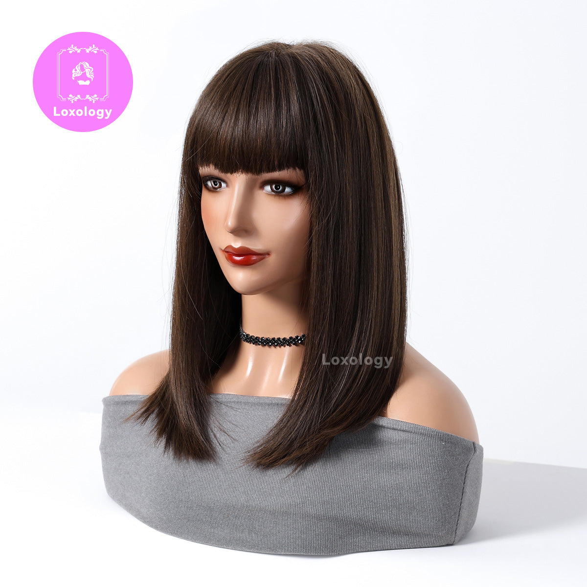 【Nia】Loxology | 16 Inches Long Straight Brown Black Wigs with Bangs Synthetic Wigs