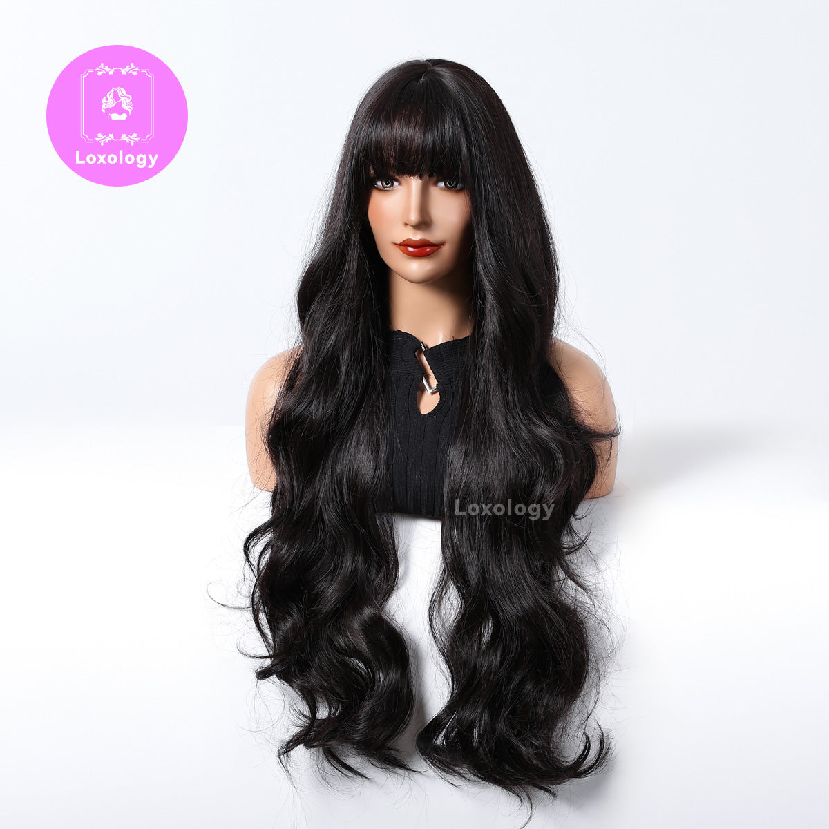 【Marlowe】Loxology | 32 Inches Long Curly Black Wigs with Bangs Synthetic Women's Wig