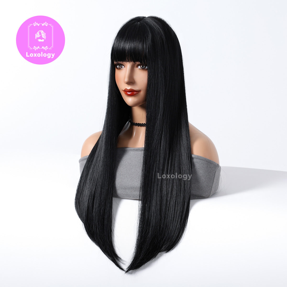 【Grace】Loxology | 26 inch long straight black wigs with bangs wigs