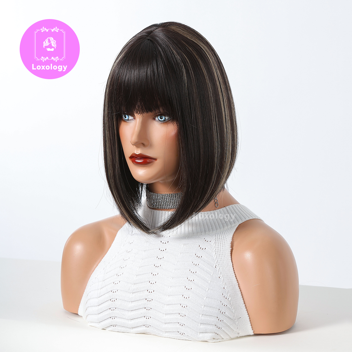 【Remy】Loxology | 14 Inches Blonde black Short Straight and Blonde Highlight Bobo Wigs with Bangs Synthetic Wigs