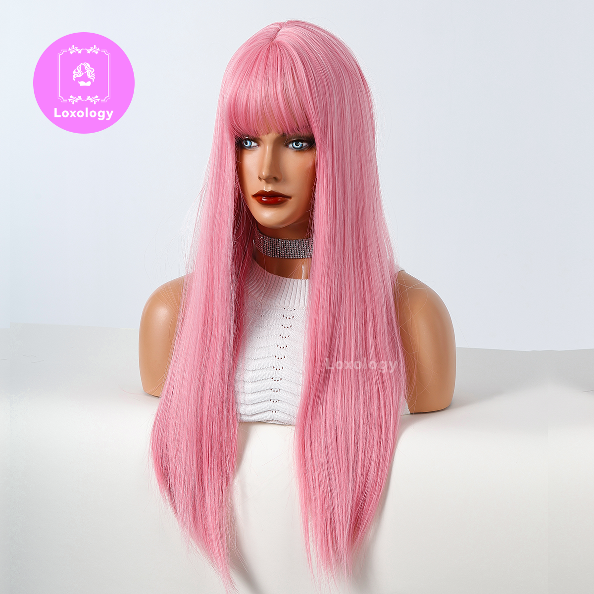 【Quiin】Loxology | 26 Inch long straight wigs pink with bangs wigs