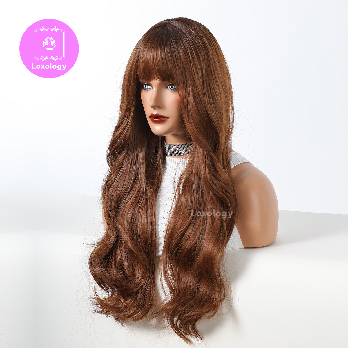 【TAmelia】Loxology | 28 Inch long curly wigs black ombre auburn with bangs wigs