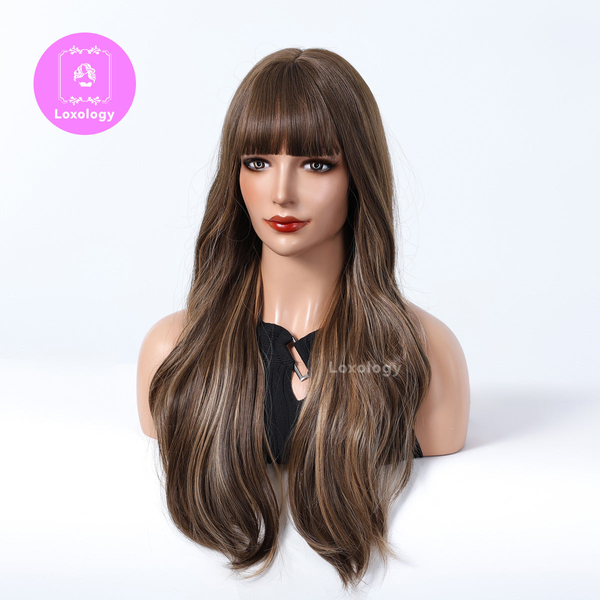 【Faye】Loxology | 24 Inch Curly Brown Wigs with Bangs and Blonde Highlight Synthetic Wig