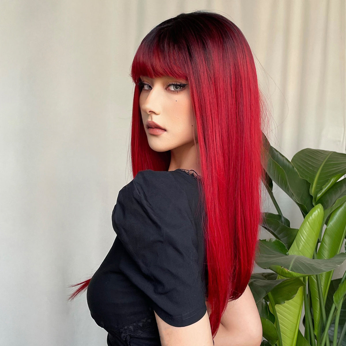 【Persephone】Loxology | 22 Inch red Long straight wigs with bangs wigs for Daily