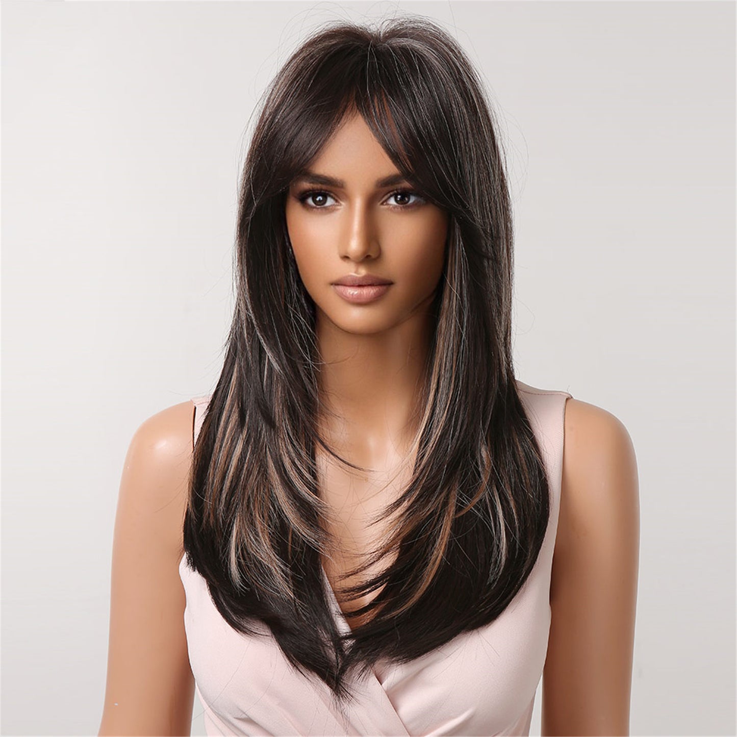 【Nolwenn】Loxology |  24 Inch-long deep brown straight wigs with bangs wigs for women