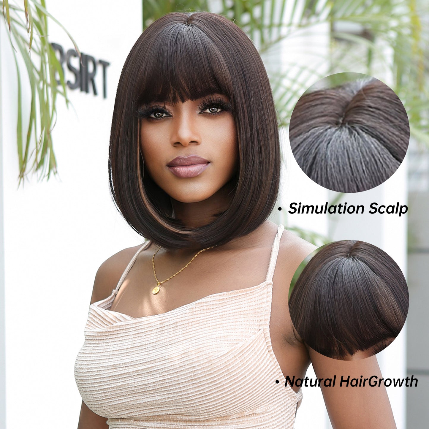 【Lavinia】Loxology | 14 Inches Short Straight Brown Black and Blonde Highlight Bobo Wigs with Bangs Synthetic Wigs Women's Wigs for Daily or Cosplay Use