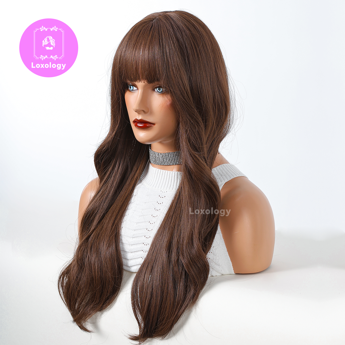 【Stella】Loxology | 24 Inch long curly wigs brown with bangs wigs