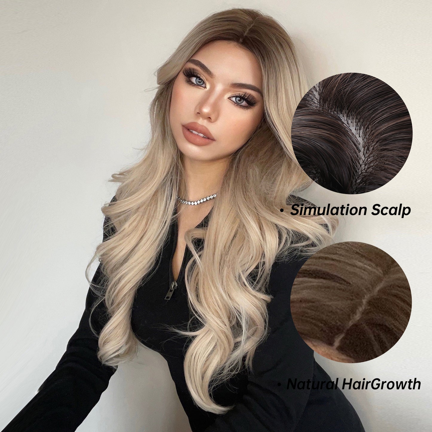 【Serenity】Loxology | Long curly wigs black ombre blonde with middle bangs wigs