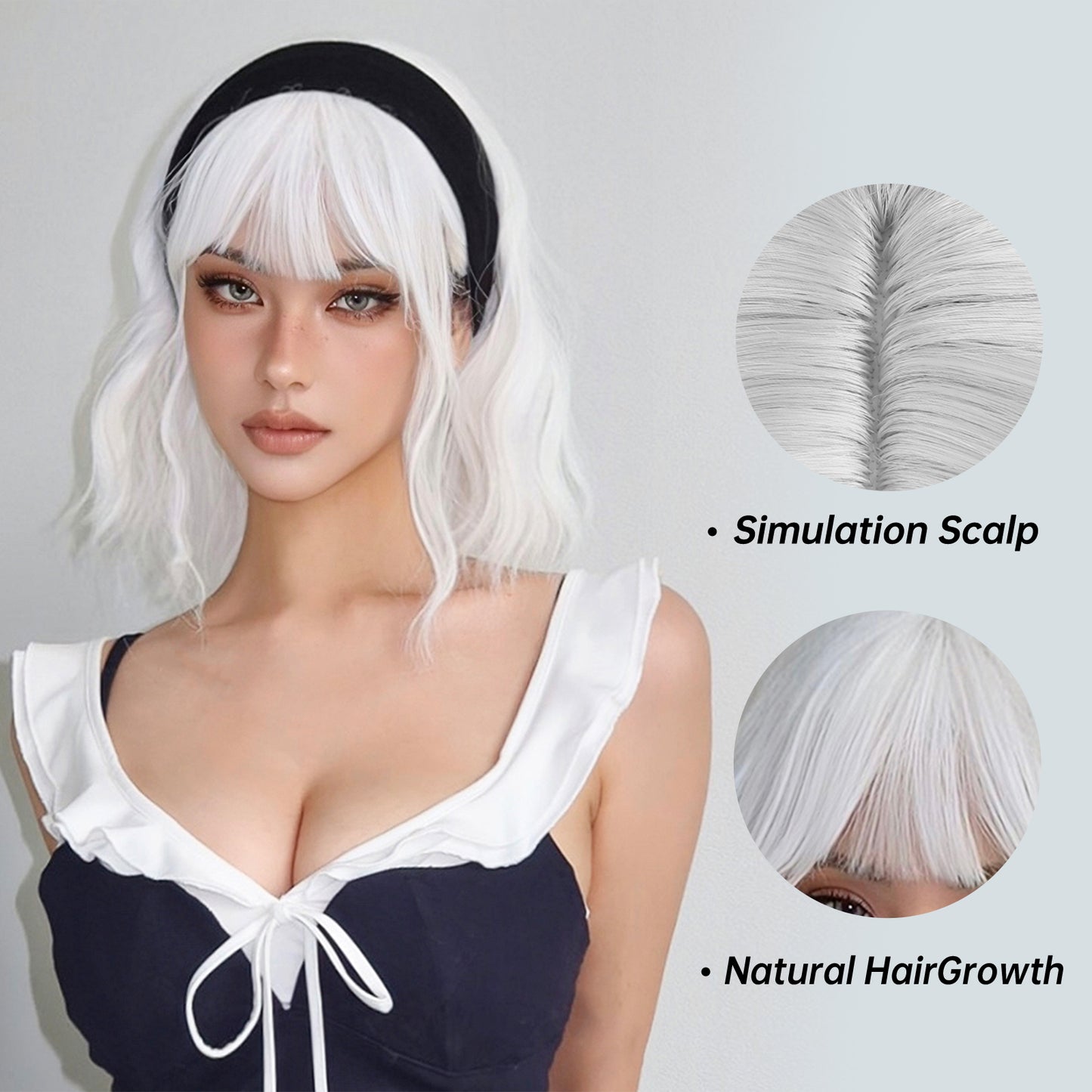 【Zenobia】Loxology | 16 Inches Long Curly White Wigs with Bangs Synthetic Women Wigs