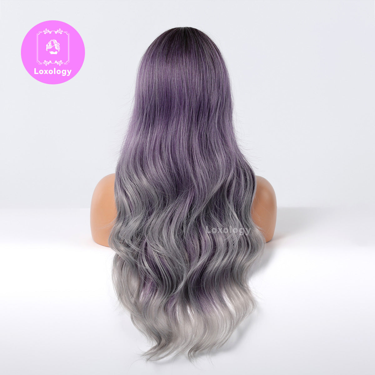 【Junia】Loxology | Long curly wigs purple ombre grey with middle bangs wigs for women