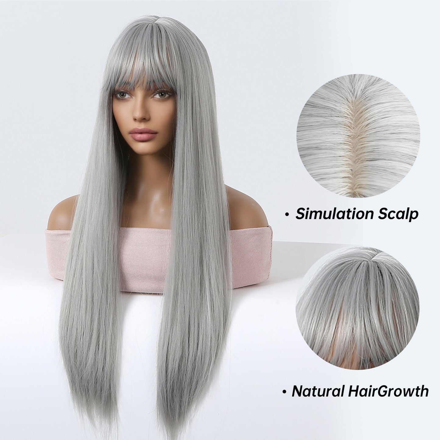 【Cressida】Loxology | 26 Inches Long Straight Argenteous Wigs with Bangs Synthetic Wig