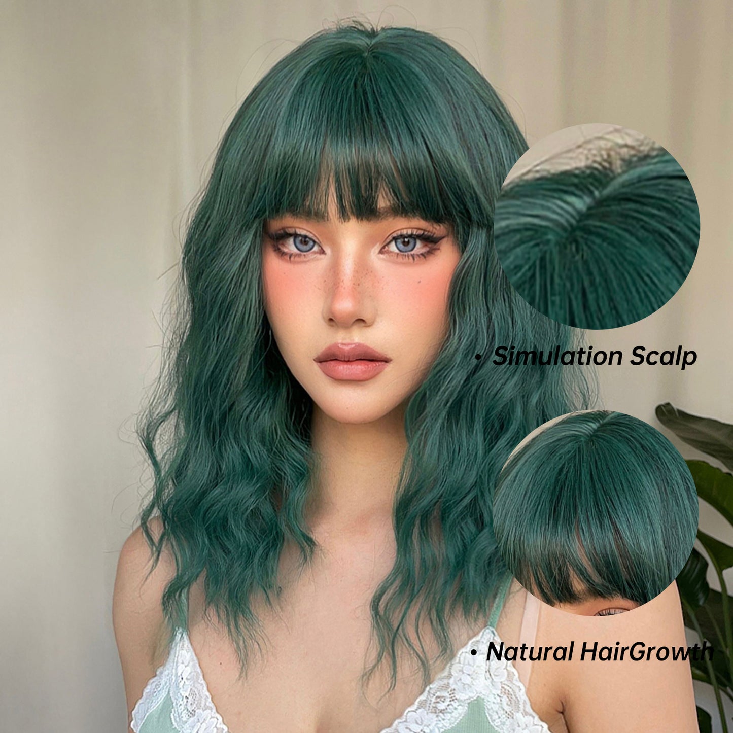 【Cleo】Loxology | 16 Inches Long Curly Green Wigs with Bangs Synthetic Wig Women Wig