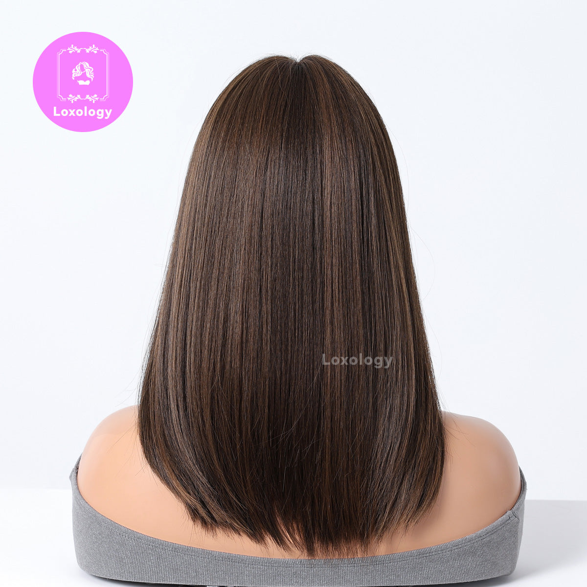 【Nia】Loxology | 16 Inches Long Straight Brown Black Wigs with Bangs Synthetic Wigs