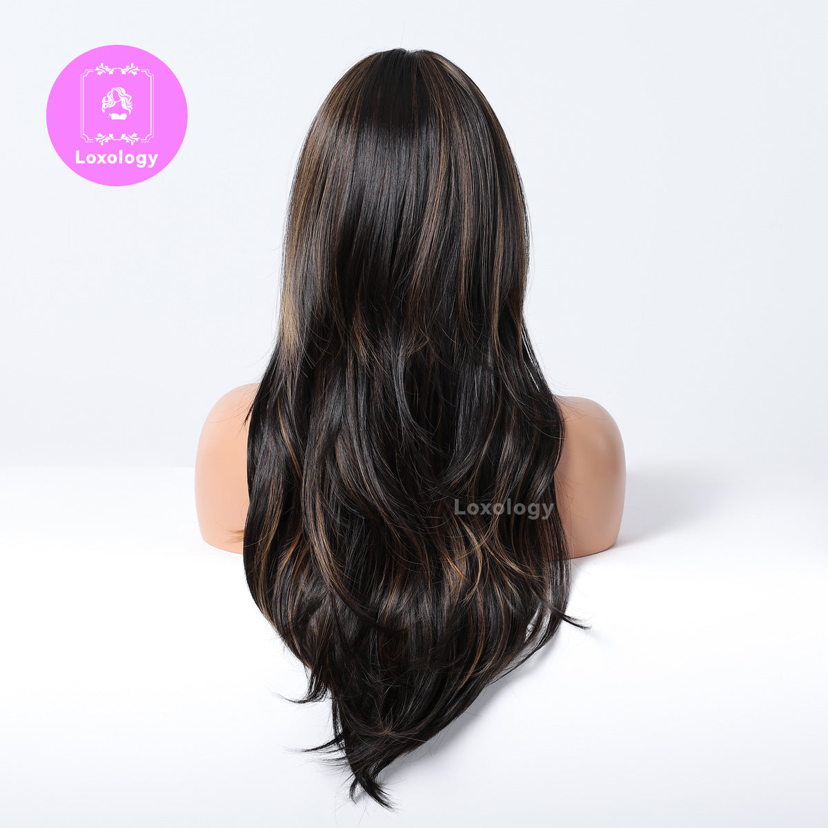 【Eleanor】Loxology | 26 Inches Long Straight Black Wigs with Bangs and Blonde Highlight Layered Wigs