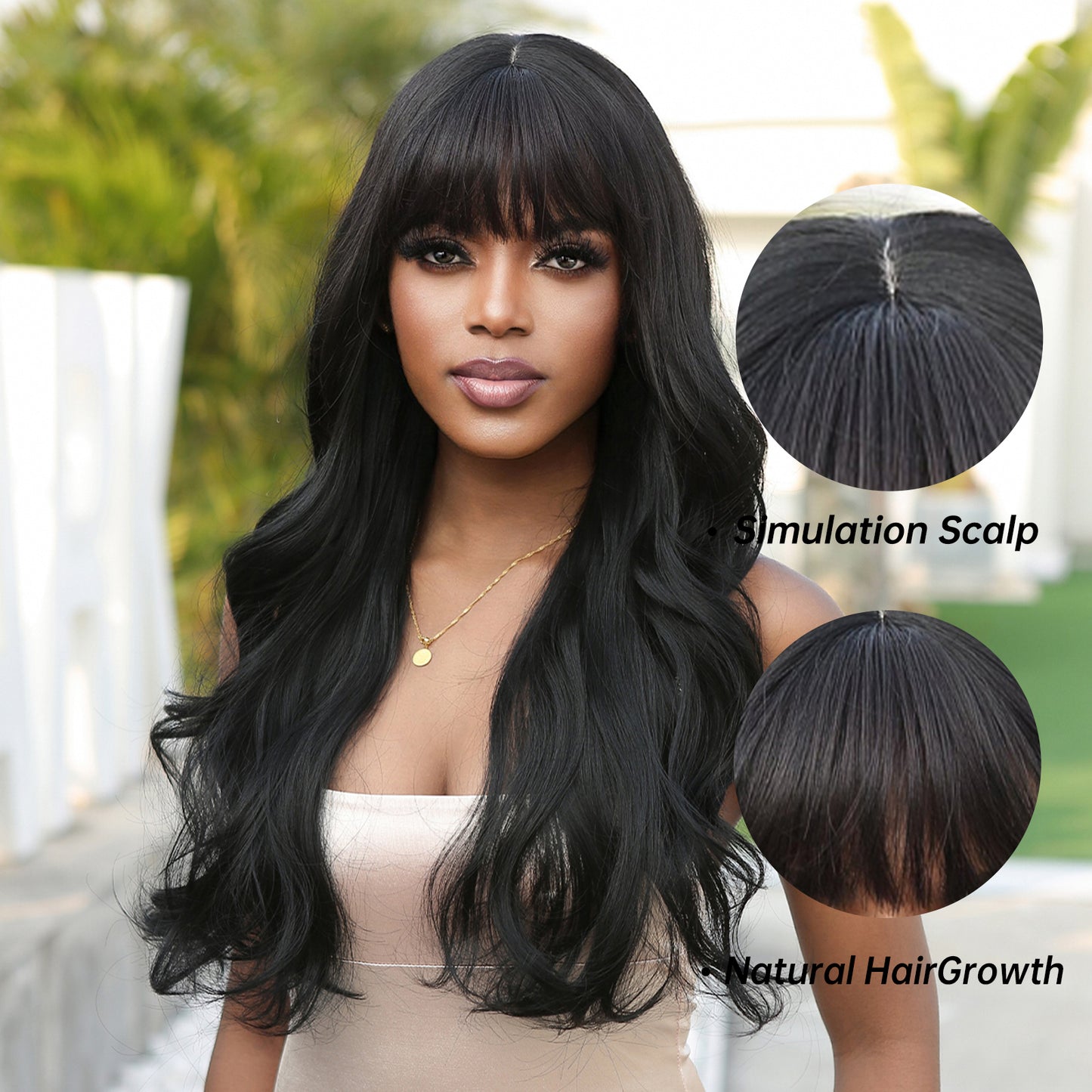 【Cordelia】Loxology | 26 Inches Long Curly Black Wigs with Bangs Synthetic Wigs Women's