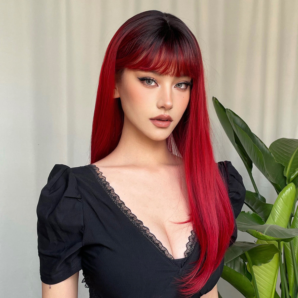 【Persephone】Loxology | 22 Inch red Long straight wigs with bangs wigs for Daily