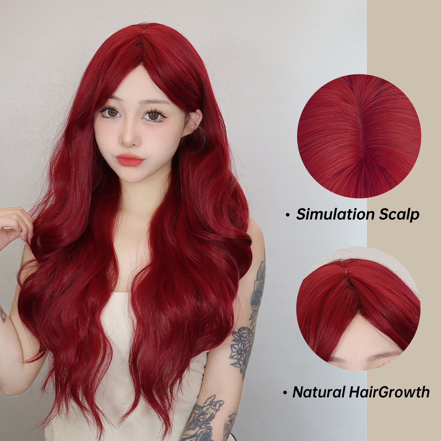 【TBianca】Loxology | 26 Inches Long Curly Wine Red Wigs with Bangs Synthetic Wigs