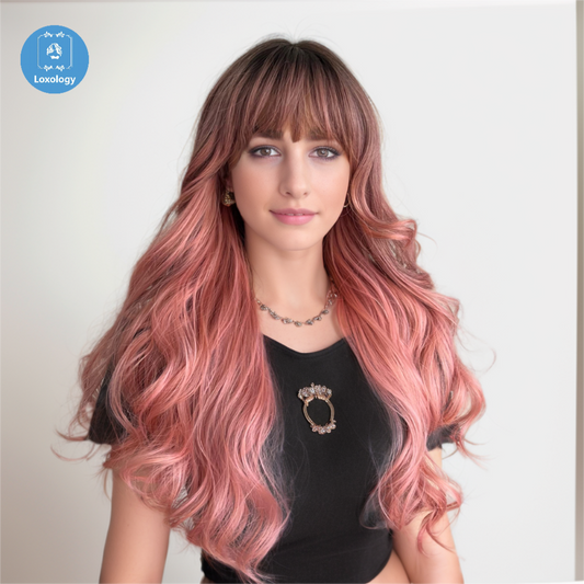 【Primrose】Loxology | Long curly wigs black ombre pink with bangs wigs