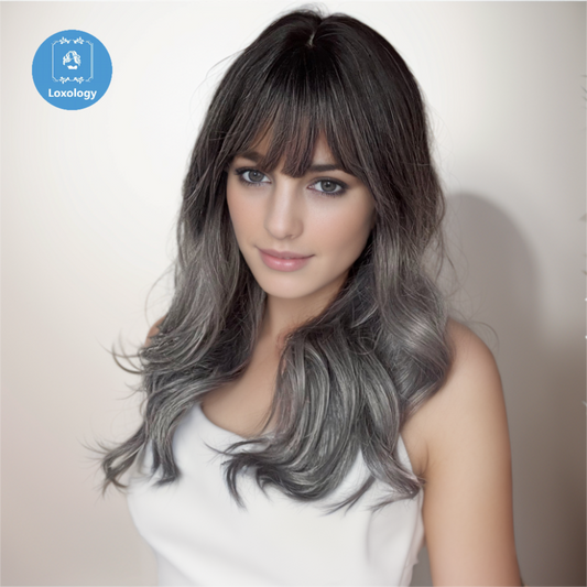 【Oona】Loxology | Long curly wigs black ombre grey with bangs wigs for women for daily