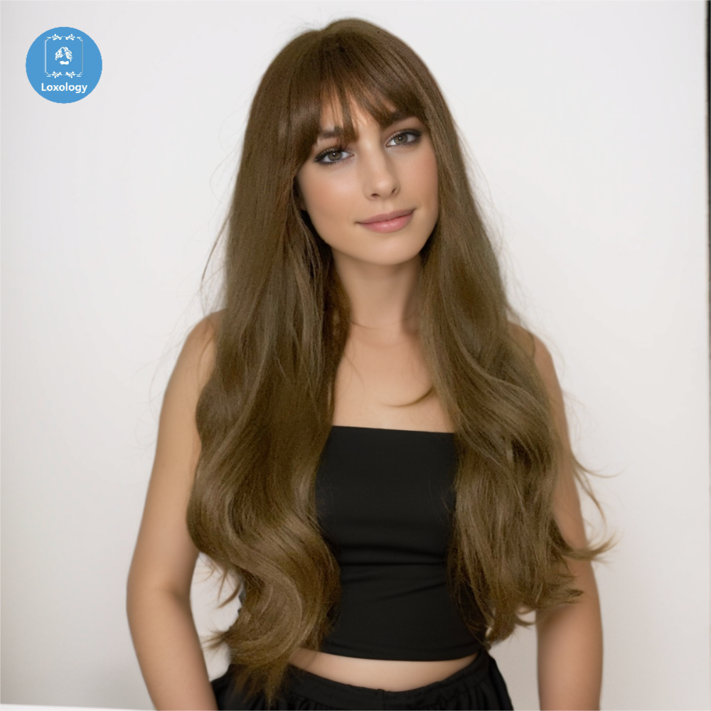 【Yvette】Loxology | Long curly wigs light brown with bangs wigs for women