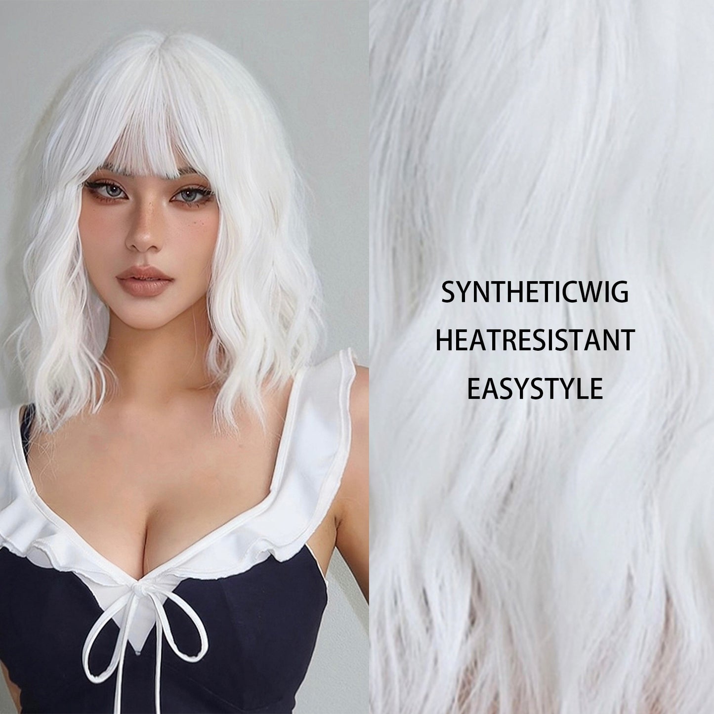 【Zenobia】Loxology | 16 Inches Long Curly White Wigs with Bangs Synthetic Women Wigs