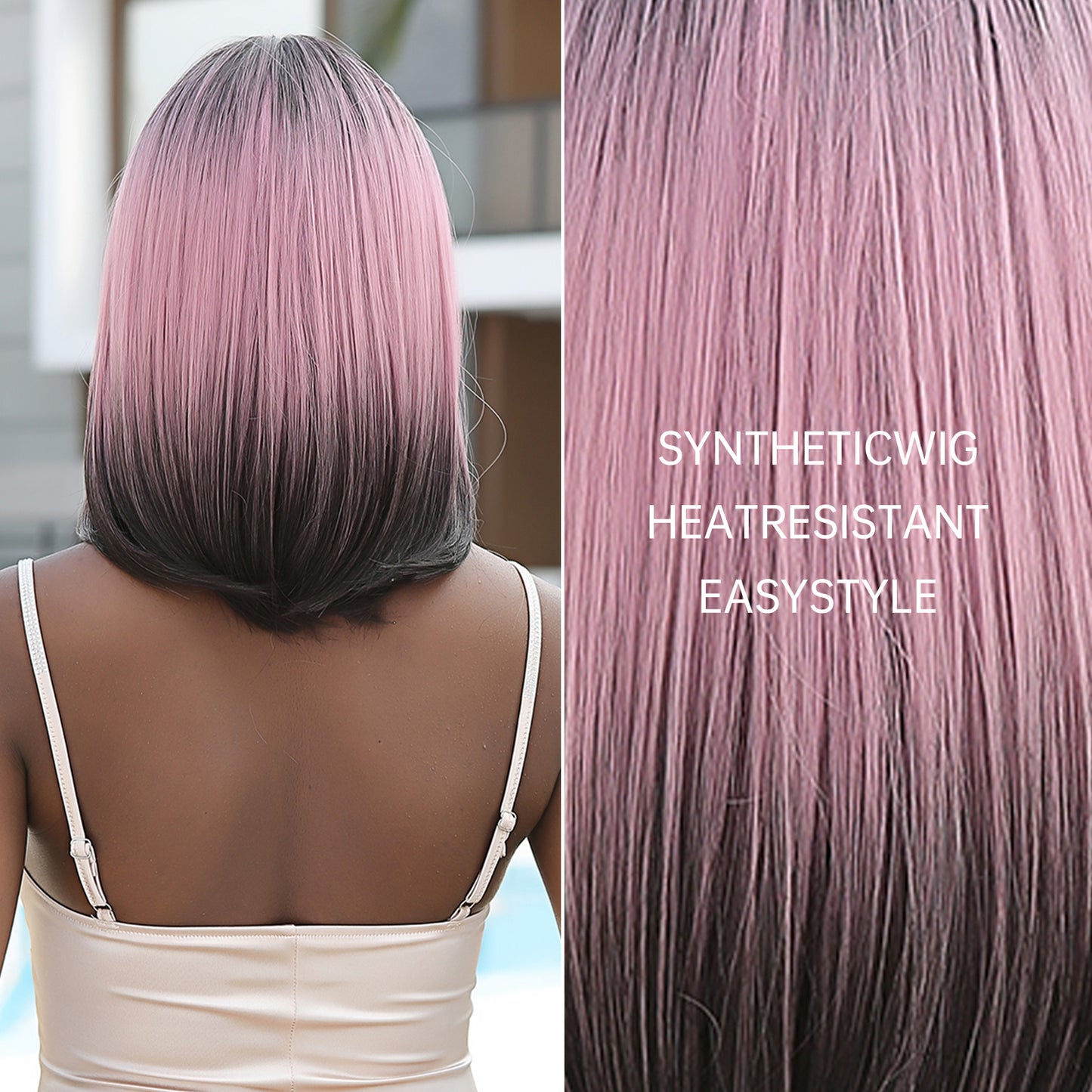【Lysandra】Loxology |16 Inch Long Straight Pink Gradient Black with Bangs Synthetic Wig
