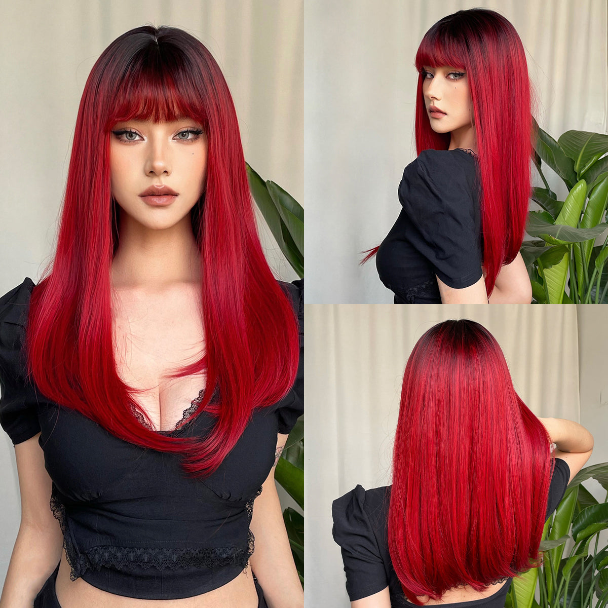 【Persephone】Loxology | 22 Inch red Long straight wigs with bangs wigs for Daily