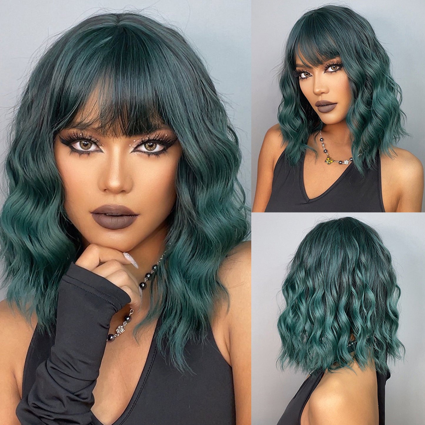 【Giselle】Loxology | 16 Inch Green Ombre Wavy BOB wigs for Women for Daily Life Use