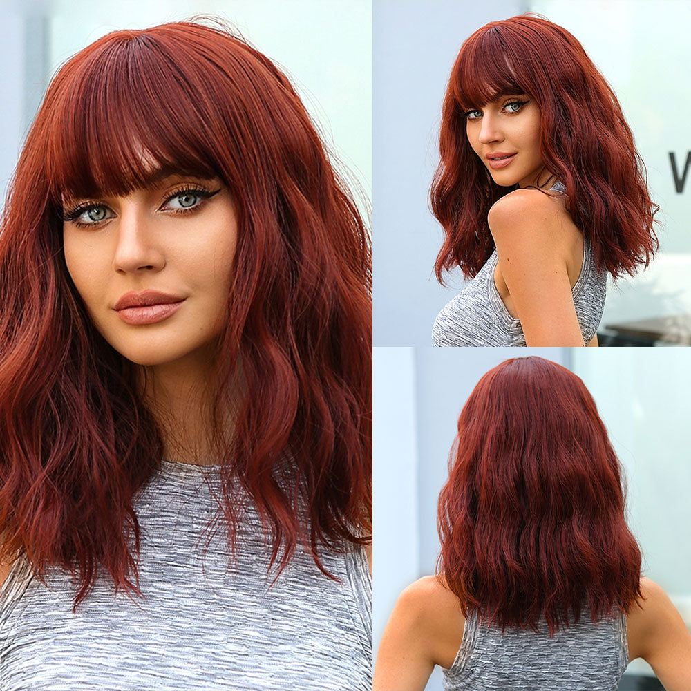 【Fallon】Loxology | 16 Inch Dark Red Wavy Bob Synthetic wigs for Women for daily use