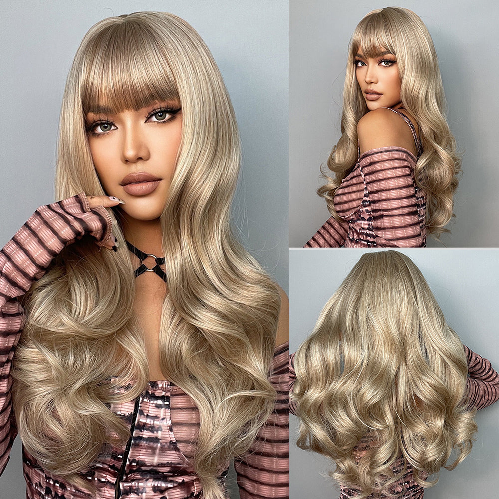 【Yara】Loxology | 26 Inches Long Curly Light Brown Wigs with Bangs Synthetic Wigs Women's Wigs for Daily