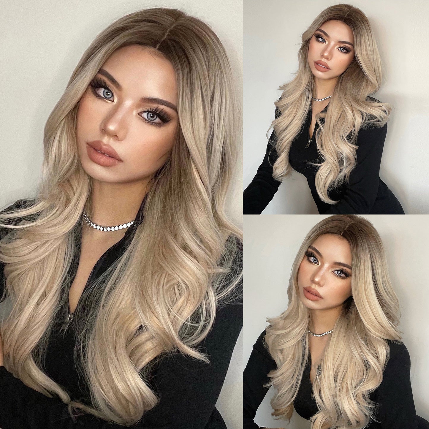【Serenity】Loxology | Long curly wigs black ombre blonde with middle bangs wigs