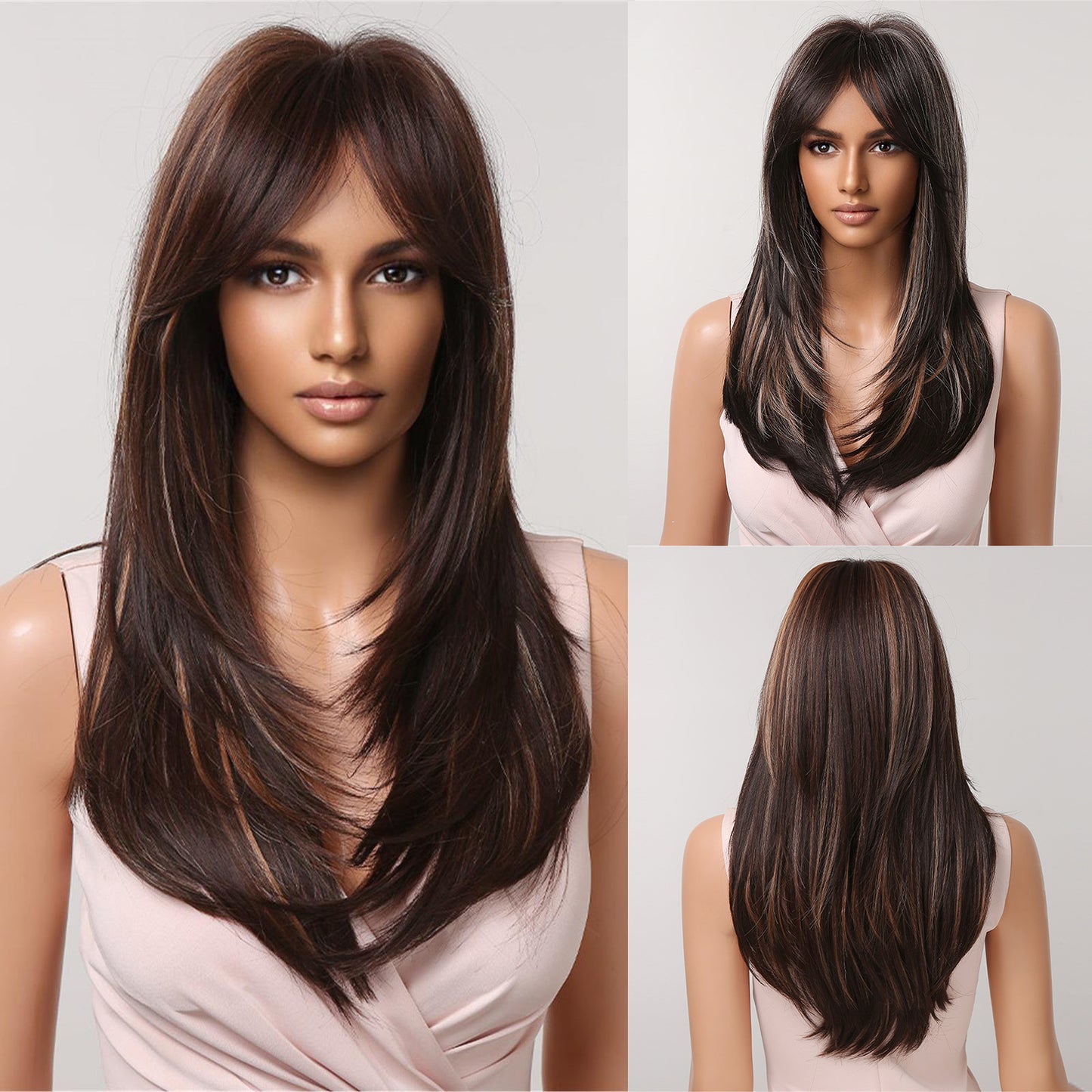 【Nolwenn】Loxology |  24 Inch-long deep brown straight wigs with bangs wigs for women