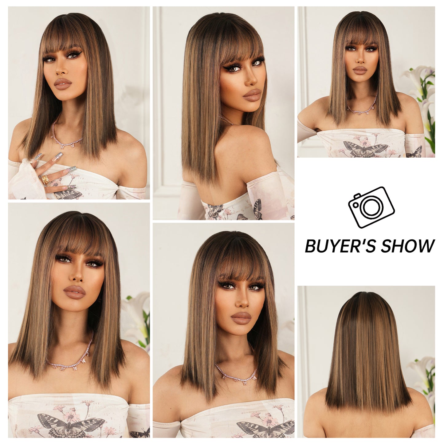 【Cosette】Loxology | 18 inch Long straight black ombre blonde wigs with bangs wigs for women for daily life
