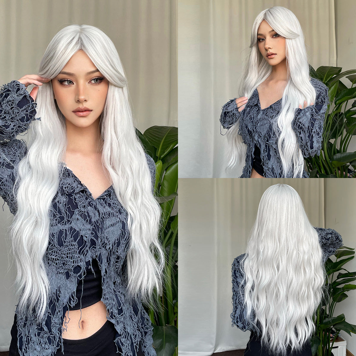 【Elowen】Loxology | 28 Inches Long Curly White Wigs with Bangs Synthetic Wigs Women's Wigs for Daily or Cosplay Use WL1096-1