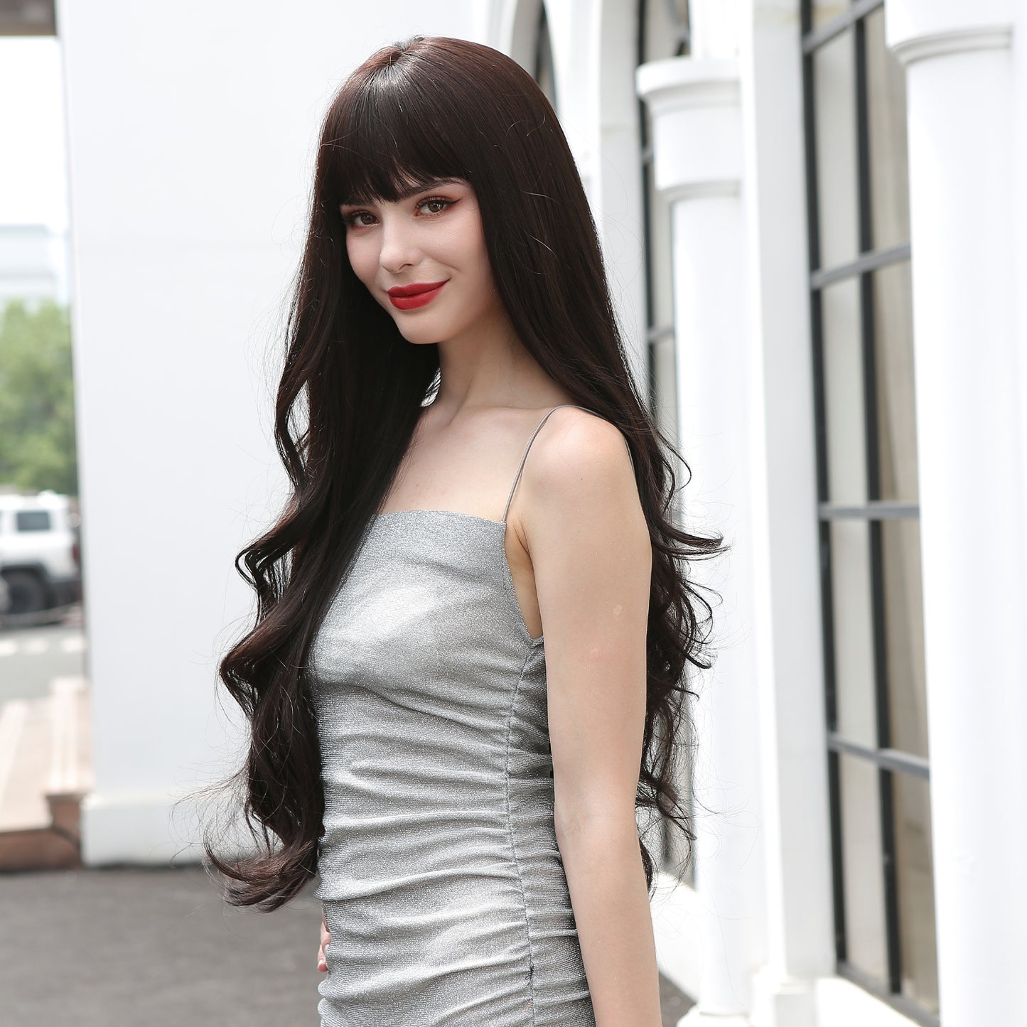 【Marlowe】Loxology | 32 Inches Long Curly Black Wigs with Bangs Synthetic Women's Wig